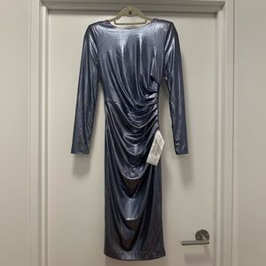 Dress the Population Emilia Dress Ice Blue Metallic Long Sleeve Bodycon Dress
